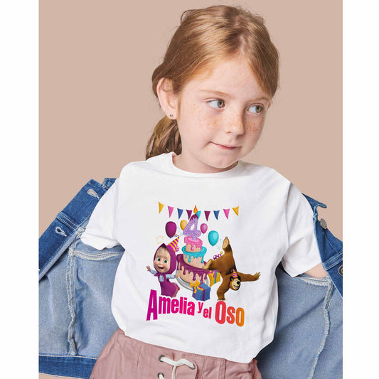 Camiseta cumpleaños Masha y el oso con nombre y numero