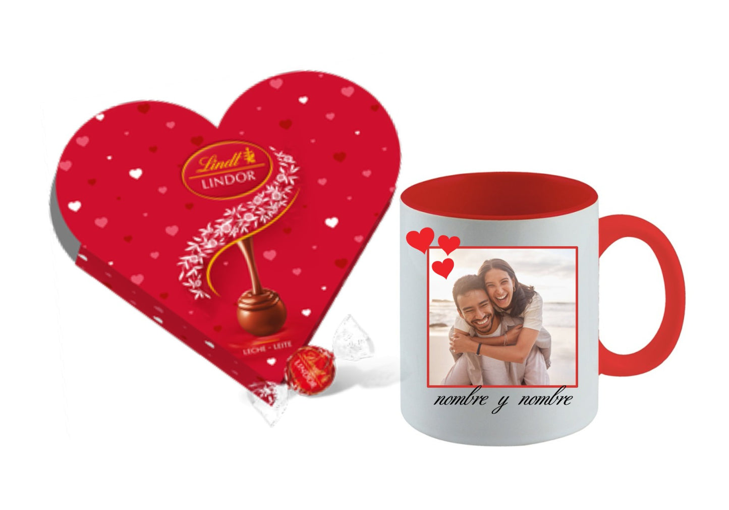 San Valentín taza + caja chocolates forma corazón