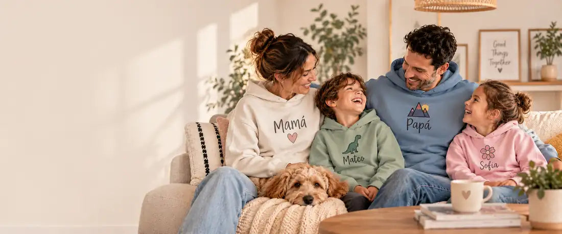 Familia con sudaderas personalizadas a juego con el nombre de cada uno